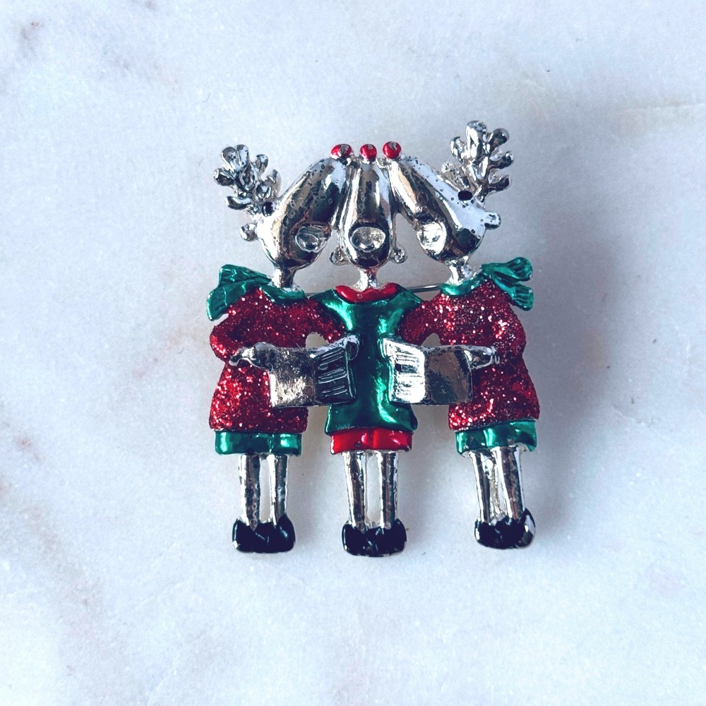Vintage Reindeer Carolers‎ Christmas Brooch Glitter Enamel Holiday Pin Red Green